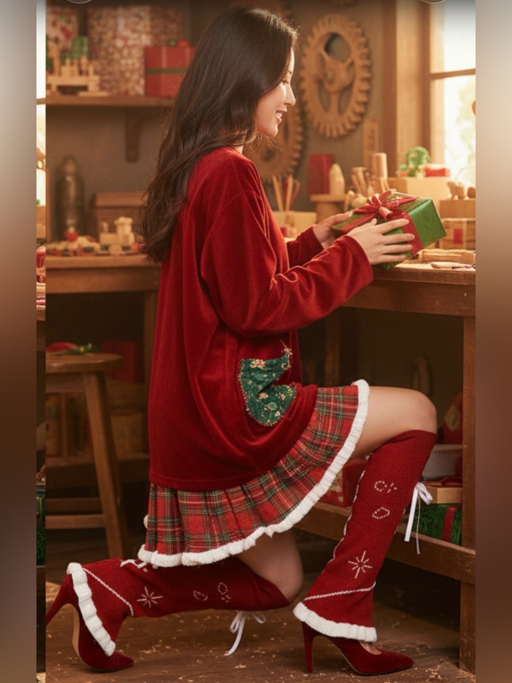 Red Lace-Up Knee-High Knit Leg Warmers with White Ribbon - Picture 8 of 10